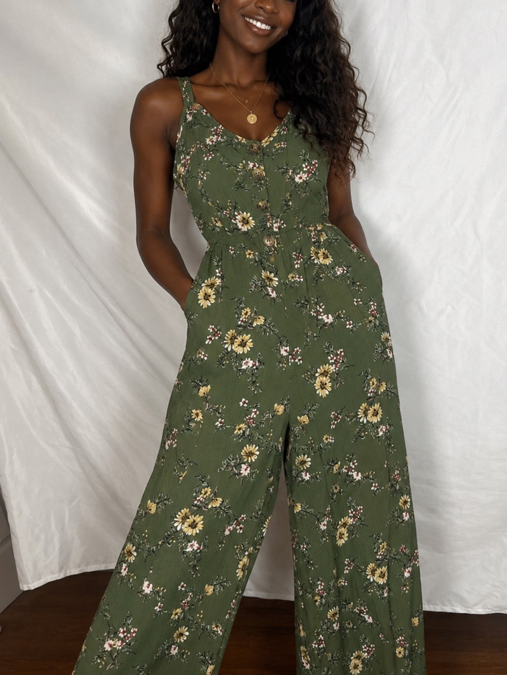Olive Green Floral Button-Front Jumpsuit & Romper